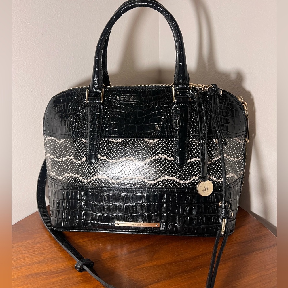 Brahmin Vivian Dome Satchel Black Mandana Croc Snake Leather